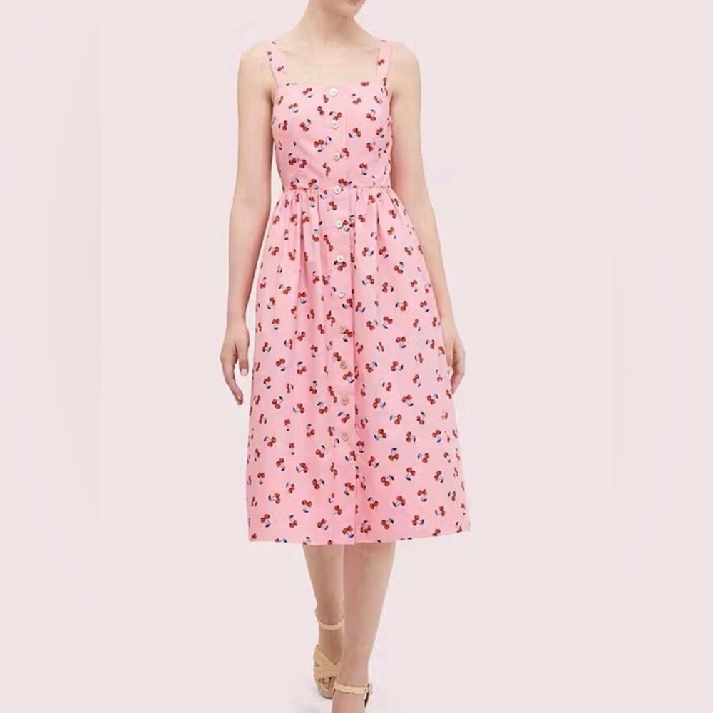 Kate Spade Cherry Toss Poplin Dress Pink Valentines Midi Women's Size 12 P - Picture 1 of 10